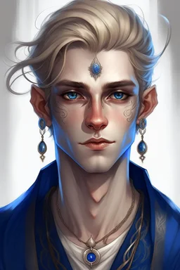 a wealthy half-elf young man with pointy ears and blue eyes, wears lots of jewelry, pale skin