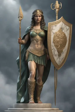 highly detailed marble and jade roman statue on a plint of a 18 year old marble woman in plate mail and carrying a round spear and holding a shield in front of her. long braided hair, full body shot, invisible gloves, , volumetric fog, Hyperrealism, breathtaking, ultra realistic, unreal engine, ultra detailed, cyber background, Hyperrealism, cinematic lighting, highly detailed, breathtaking, stunning temple environment