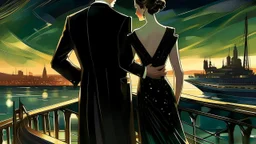 Una elegante pareja adulta en un lujoso transatlántico durante la noche, apoyada en la cubierta mientras una ciudad iluminada aparece a lo lejos sobre el horizonte. Él viste esmoquin oscuro y ella un sofisticado vestido de noche; el viento mueve ligeramente el cabello y las telas. Ilustración publicitaria de mediados del siglo XX, glamour cinematográfico, figuras idealizadas, anatomía elegante, rostros cuidadosamente definidos, composición sofisticada, iluminación nocturna cálida, reflejos sobre