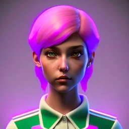 waitress cyberpop teenager, rounded face, pink hair, color cheeks, striped shirt, color ambient light, vibrant color, highly detailed, art stations, concept art, smooth, 16 bit, unreal engine 5, god rays, ray tracing, RTX, lumen lighting, ultra detail, volumetric lighting, 3d, finely drawn, high definition, high resolution.