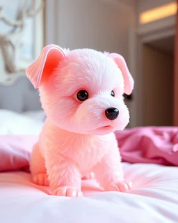 Generate image: A macro 3D render of a cute, lovely wooly dog,made of Translucent glossy jelly material, soft gelatinous appearance, smooth rounded surface, realistic subsurface scattering, internal light diffusion, subtle volumetric translucency, wet polished highlights, slightly reflective surface, soft rubbery-plastic texture, vibrant neon color, physically based shader, studio lighting, high-end CGI render.on a conform in a luxury bedroom.