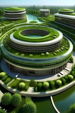 Help me create a health clinic with a maximum of 2 stories high, which are 3 different buildings all circular, with a patio in the center, a sloping roof, with a body of water around these buildings. With a lot of vegetation just like the surrounding with fountains in these green areas, and brise soleil on certain facades to avoid the heat from the sun but