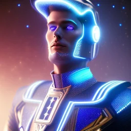 Handsome galactic man, glitter blue and white tron suit with jewels, blond hair, blue eyes, cinematic lights, full details, hight quality, unreal engine 5, 4k, cosmic stars background