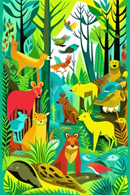 A colorful front cover book image of various animals inside forest