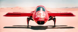 Coca-Cola Branded unmanned combat aerial vehicle, middle east Desert, cinematic, Fuji Film, Anamorphic lens, 2040s, deep depth of field, in a Cyber punk WW3 film, Like Fallout 4