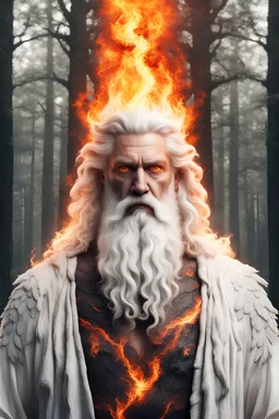god Zeus in the forest, red eyes, white beard, oak grove, fire, fiery hair, ethnic symbols, Scandinavian signs on the body, high definition image, realistic image on a white background