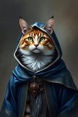 fantasy portrait of a calico humanoid cat wearing regal blue and silver robes