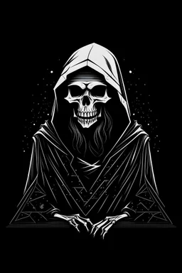 skeleton in a black hooded cloak drawn in a early animation rubberhose style, inside a light diamond shape on a black background, monochromatic