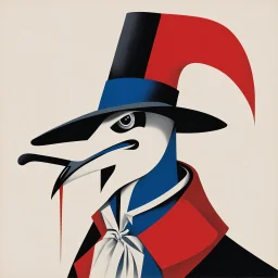 Surreal abstract composition by Paul Rand: plague doctor dissasociated; red, midnight_blue, white, and black color scheme