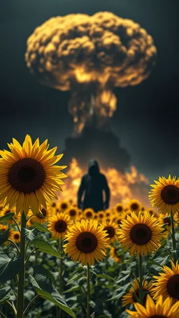 A field of random sunflowers with bright lighting , at the end of the picture is a dark background a huge nuke explosion behind the explosion dark scary shadow of a black hooded creature