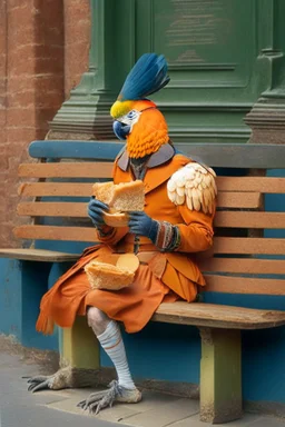 Half parrot half human in a 1700s Orange Dutch uniform siting on a bench in a Dutch city eating a loaf of bread