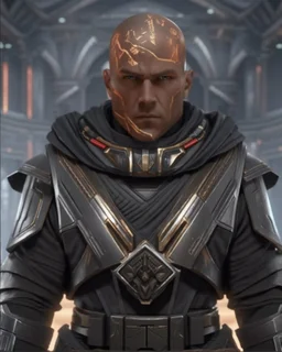 star wars bald male corellian jedi wearing gunmetal grey and black old republic armored flightsuit with gold and metallic red trim inside the jedi temple, centered head and shoulders portrait, hyperdetailed, dynamic lighting, hyperdetailed background, 8k resolution, volumetric lighting, light skin, fully symmetric details