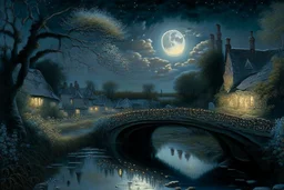 A Cotswold village, a brook, a bridge, Full moon, beautiful celestial sky, Milky Way, hyper-detailed art by Ivan Kramskoi. elegant intricate oil on canvas beautiful high detail award winning fantastic view crisp quality hdr