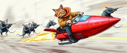 hi speed rocket ship on leaning scooter in a swing, coated cat captain in high speed pursuit among neon rat cyber soldiers, with background motion blur, airbrush and pen outline