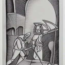 hand drawn in single line by Nicolai Blatter with hatch with parallel wavy lines metal engraving representing the Adventures of Don Quixote de la Mancha in bosch style or salvador dali style