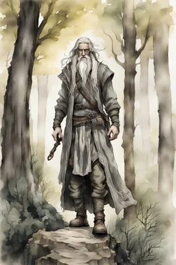 ink wash and watercolor illustration of an ancient grizzled, gnarled elf vagabond wanderer, long, grey hair streaked with black, highly detailed facial features, sharp cheekbones. His eyes are black. He wears weathered roughspun Celtic clothes, emaciated and tall, with pale skin, full body , thigh high leather boots within a forest of massive ancient oak trees in the comic book style of Bill Sienkiewicz and Jean Giraud Moebius , realistic dramatic natural lighting