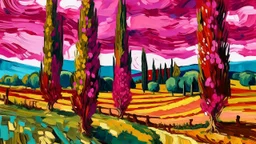 A magenta field with cypress trees near an Italian village painted by Vincent van Gogh