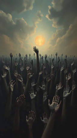 a field of thousands of hands of bodies buried in the ground , horror, hands in different shapes coming out from the ground towards the sky Busch painting style nightmare