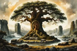 museum quality oil with watercolor underpainting of Yggdrasil, the world tree within a circle of ancient Druidic standing stones , in the style of Karl Bodmer, and Winslow Homer, rendered as an aquatint, with a fine art aesthetic, highly detailed , 8k UHD cinegraphic realism, dramatic natural lighting