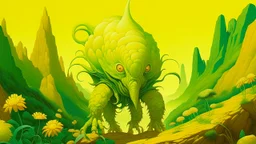 A surreal, fantastical creature with a plant-like body, large green leaves, and white flowers emerging from its form, set against a vibrant yellow background with hints of a rocky or mountainous landscape in the distance.