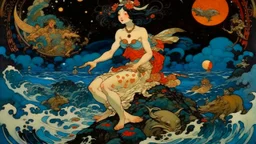 a painting of a woman flying in the sky, nuttavut baiphowongse, inspired by Edmund Dulac, portrait of circe, by Osamu Tezuka, personification of greed, in the center of the image, bottom of the sea, by John Byrne, from star wars (1977), artist rendition, ox, published art