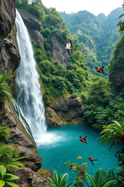 Ultra realistic landscape photo captured from the base of a majestic natural waterfall, crystal-clear water cascading over rugged rock cliffs into a pristine pool, viewpoint from beneath the waterfall looking out across a breathtaking tropical valley, lush exotic rainforest vegetation, diverse realistic tropical flora, colorful tropical birds perched on branches, butterflies flying naturally through the scene, dense jungle surrounding the area, soft morning sunlight filtering through the canopy,