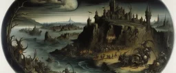 A brownish black isles with shadow monsters painted by Albrecht Durer