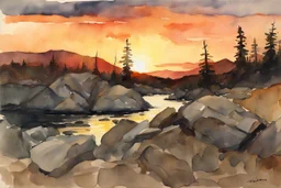 Sunset, rocks, mountains, rocky land, epic, winslow homer watercolor paintings