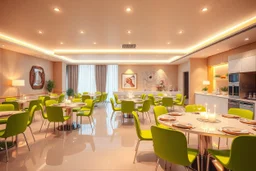 A 3D hyperrealistic image in 4K resolution of a modern party and birthday room approximately 100 square meters in size, with elegantly arranged tables, vibrant green chairs, and an abundance of warm soft light casting a celebratory ambiance, featuring a sleek kitchenette with stainless steel appliances and polished countertops, where guests can gather and mingle, surrounded by the warm glow of tabletop lamps and the subtle sheen of glossy flooring, with every detail meticulously rendered to crea