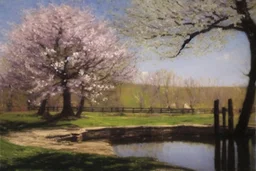 amazing sunny spring day, trees, flowers, fence, little pond, philip wilson steer impressionism painting