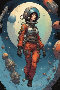 a starship pirate punk female captain in a deep-space diving suit, colorful , floating into the insane and confusing universe of the Angelarium colorful by Hergé, François Schuiten, Ivan Bilibin, Katsuya Terada, Mike Mignola, Paul Pope