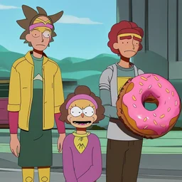 Morty staring at a giant pink donut, while Rick explains his plan to steal the recipe of the Krusty Burgers.