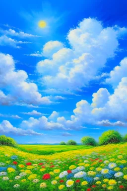 impressionism nature peace communication compassion tranquility blue sky meadow fluffy clouds flowers monet