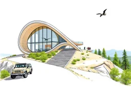 Architectural drawing of a futuristic cabin with a shape inspired by the infinity symbol in plan and the cross in elevation. Glass facades are sandwiched between the curved walls, which are steps leading up to a terrace. There is a driveway leading to the house on the side of the hill, with a luxury jeep parked. There are hikers in the distance and the silhouette of a bird in the clear blue sky and summer weather. green trees