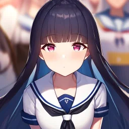 Clear focus,High resolution, blue long straight hair, long straight bangs, and pink eyes, wearing a sailor uniform, Extreme Close Up