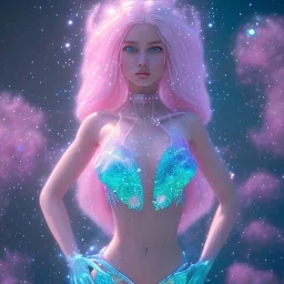 one big crystal glitter pink blue subtle galactic fairy in a galactic ambiance,glitter bikini, long blond hair down to the ground,transparent petals,blue eyes,delicate colors in the foreground, full of details, smooth，soft pink violet light atmosphere, light effect，vaporwave colorful, concept art, smooth, extremely sharp detail, finely tuned detail, ultra high definition, 8 k, unreal engine 5, ultra sharp focus