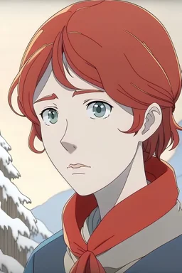 cartoon side picture a snow-white medium- red short haired hair with blue eyes with white greyish eyebrows that is a Japanese and has a medium length lip size and has spiky hairstyle that is around his 20s as a noble girl in the medieval time period.