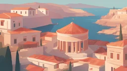 a painting of Peloponnesian War in Ancient Greece, ancient times, old town, reconstruction :: Hellenistic period, Hellenistic town :: traditional classical greek architecture, ancient greek scene painting :: a storybook illustration by James Gilleard, behance contest winner, 2d game art, storybook illustration, rich color palette