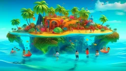 A Vibrant tropical island with people floating inside of a cool refreshing drink