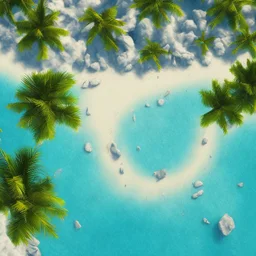 9. Generate an image of a sun-soaked beach with palm trees and crystal-clear water