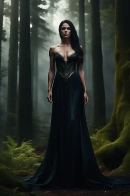 beautiful dark haired woman in a long dress standing next to a muscular male, Forest setting, dark fantasy, photorealistic. 4k