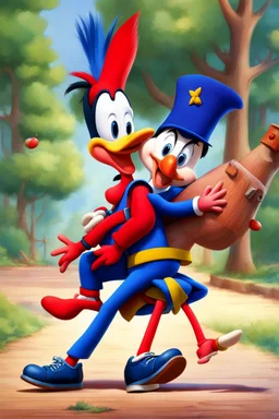 Woody woodpecker giving noddy a piggyback