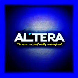 Can you create a nice cool logo for my account "Altera", with this texts in down "the world never existed" ,"reality ,reimagined",add 3d background, future modern city and futue moder industry ,3d text