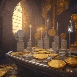 dynamic lighting, Intricately detailed, Splash screen art, deep color, Unreal Engine, volumetric lighting, silver coins, gold coins, silver treasure, stacked coins, indoors, altar, black table, sigil, shiny, windows, cathedral,