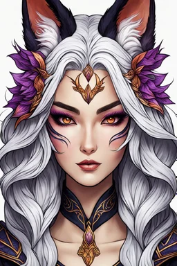 create an ethereal, darkly magical ,Kitsune sorceress with highly detailed and deeply cut facial features, precisely drawn, boldly lined and colored