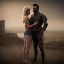 A photo realistic portrait of a stunning blonde girl and muscular dark haired man in a lovers embrace standing in front of a medieval castle