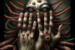 thousand creepy fingers and thousand creepy eyes in artistic form by Chet Zar and Anton Semenov and Michael Hussar spine-chilling mind-bending in a style of Dec-Art thousand opened eyes - XENO digital art All in one : hyper realistic fantasy eerie fusion of monster and earthworm JIM and Clownfish and Grumpy Cat and alien into one with a thousand creepy fingers, levitating, albino, sharp digital painting, video game digital art, anthropomorphic space shark, trevor phillips, cute little troll,