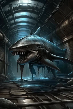 urban humanoid muscular brutish half-shark thresher shark in a sewer digital art