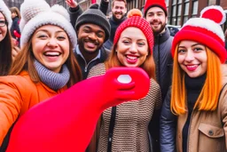 people getting a selfie with the christmas "gingerbread man"