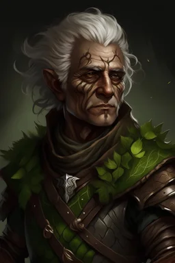 portrait of an fantasy dnd old man with stone like skin and leafy hair wearing leather armor